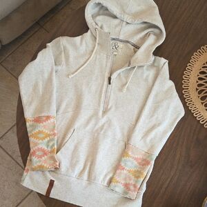 Ampersand Avenue Oatmeal Hooded Half-Zip Sweater with Aztec Accent Sleeves